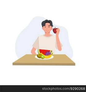 A young man give suggestion to eat healthy food and eating red apple on table.  Flat vector illustation