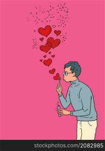 A young man in love blows out red hearts like soap bubbles. Comic cartoon retro hand drawing illustration. A young man in love blows out red hearts like soap bubbles
