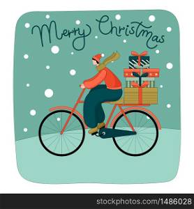 A young man rides a Bicycle and carries a pile of gift boxes with bows.Linear flat vector illustration