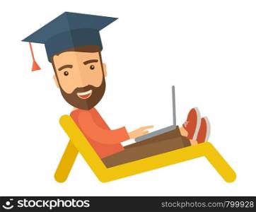 A young man sitting, wearing graduation cap with laptop on the beach. A Contemporary style. Vector flat design illustration isolated white background. horizontal layout. Man with laptop on the beach