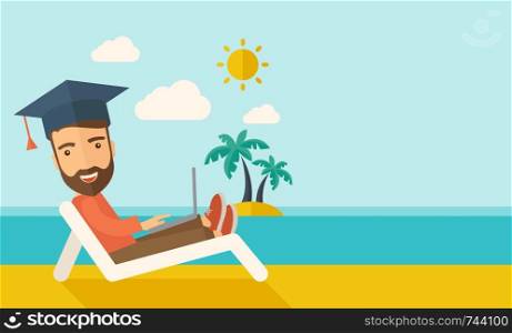 A young man sitting, wearing graduation cap with laptop on the beach under the sun. A Contemporary style with pastel palette, soft blue tinted background with desaturated clouds. Vector flat design illustration. Horizontal layout with text space in right side.. Man with laptop on the beach