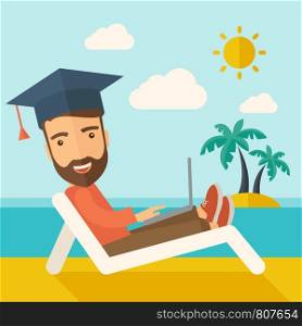 A young man sitting, wearing graduation cap with laptop on the beach under the sun. A Contemporary style with pastel palette, soft blue tinted background with desaturated clouds. Vector flat design illustration. Square layout.. Man with laptop on the beach