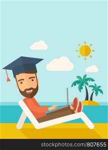 A young man sitting, wearing graduation cap with laptop on the beach under the sun. A Contemporary style with pastel palette, soft blue tinted background with desaturated clouds. Vector flat design illustration. Vertical with text space on top part.. Man with laptop on the beach