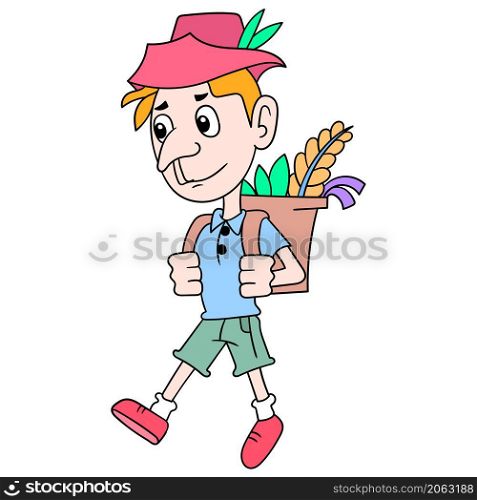 a young man walking carrying a basket on his back filed with plants from the wild to make magic potions