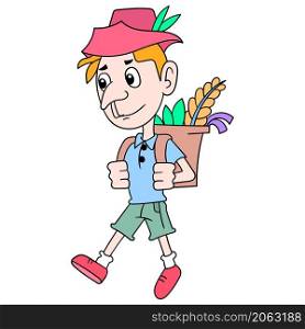 a young man walking carrying a basket on his back filed with plants from the wild to make magic potions