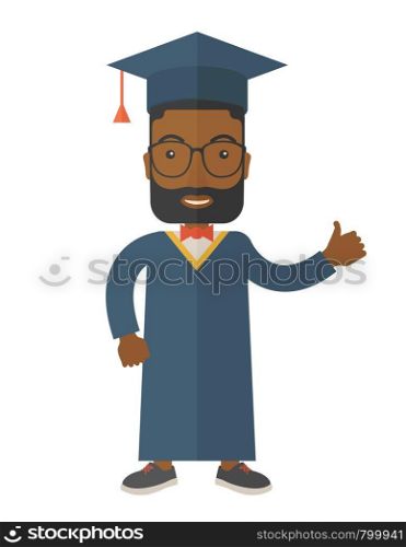 A young man wearing toga and graduation cap. A Contemporary style. Vector flat design illustration isolated white background. Vertical layout. Graduation young man dream.