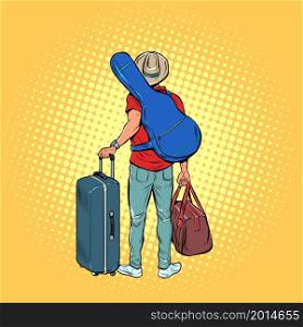 a young man with a guitar is a traveler flying on tour, luggage at the airport. Creative trip. Pop art Retro vector Illustration 50s 60s Vintage kitsch style. a young man with a guitar is a traveler flying on tour, luggage at the airport. Creative trip