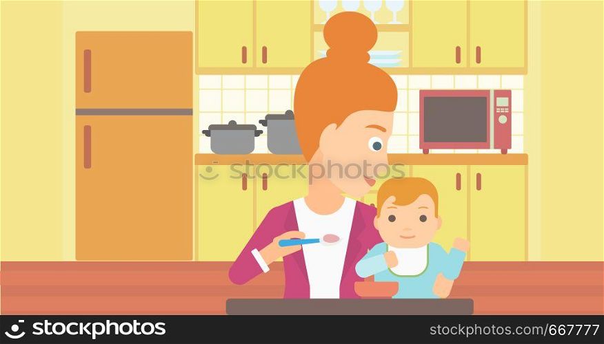 A young mother feeding baby on a kitchen background vector flat design illustration. Horizontal layout.. Woman feeding baby.