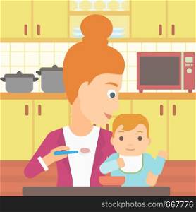 A young mother feeding baby on a kitchen background vector flat design illustration. Square layout.. Woman feeding baby.