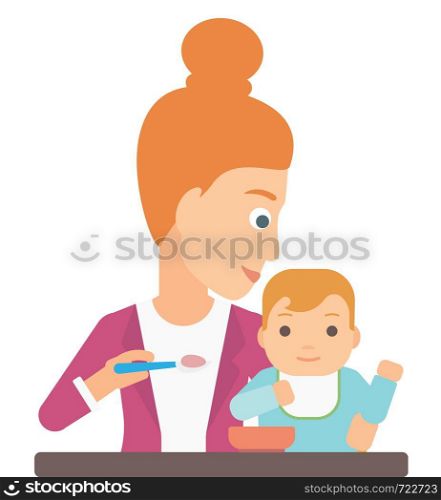 A young mother feeding baby vector flat design illustration isolated on white background. . Woman feeding baby.