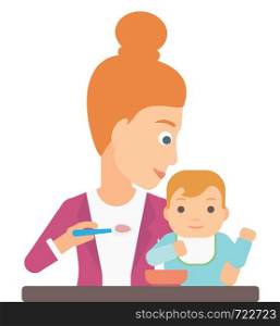 A young mother feeding baby vector flat design illustration isolated on white background. . Woman feeding baby.
