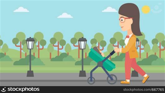 A young mother walking with baby stroller in the park vector flat design illustration. Horizontal layout.. Woman pushing pram.