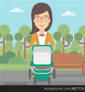 A young mother walking with baby stroller in the park vector flat design illustration. Square layout.. Woman pushing pram.