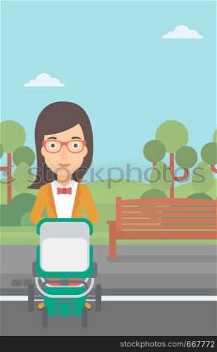 A young mother walking with baby stroller in the park vector flat design illustration. Vertical layout.. Woman pushing pram.