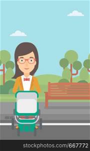 A young mother walking with baby stroller in the park vector flat design illustration. Vertical layout.. Woman pushing pram.