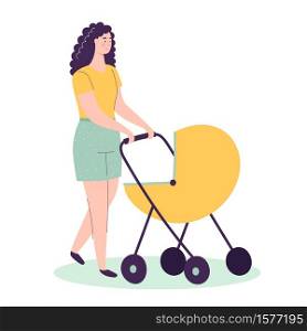 A young mother walks with a baby carriage. Woman with a child. Mom and son or daughter. Flat vector cartoon illustration isolated on white background