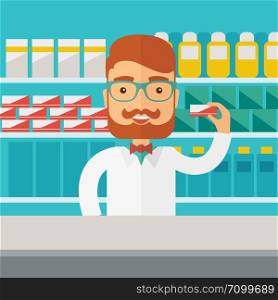 A Young pharmacy chemist man standing in drugstore. Contemporary style with pastel palette, blue tinted background. Vector flat design illustrations. Square layout.. Young pharmacy chemist man standing in drugstore.