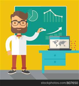 A young professor holding a chalk sketching a graphs and teaching on how to develop a business worlwide. A Contemporary style with pastel palette, dark yellow tinted background. Vector flat design illustration. Square layout.. Professor holding a chalk.