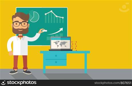 A young professor holding a chalk sketching a graphs and teaching on how to develop a business worlwide. A Contemporary style with pastel palette, dark yellow tinted background. Vector flat design illustration. Horizontal layout with text space in right side.. Professor holding a chalk.