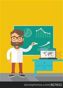 A young professor holding a chalk sketching a graphs and teaching on how to develop a business worlwide. A Contemporary style with pastel palette, dark yellow tinted background. Vector flat design illustration. Vertical layout with text space on top part.. Professor holding a chalk.