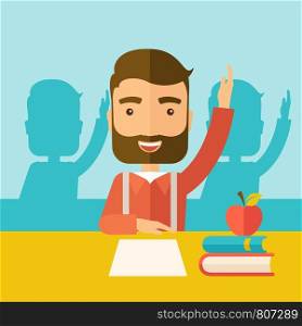 A young student raising his hand with a smile. A Contemporary style with pastel palette, soft green tinted background. Vector flat design illustration. Square layout.. Student raising his hand.