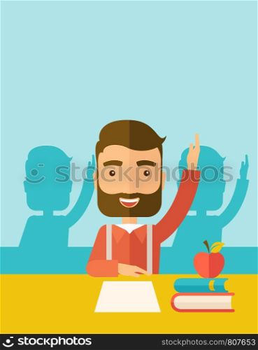 A young student raising his hand with a smile. A Contemporary style with pastel palette, soft green tinted background. Vector flat design illustration. Vertical layout with text space on top part.. Student raising his hand.