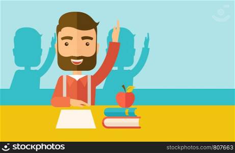 A young student raising his hand with a smile. A Contemporary style with pastel palette, soft green tinted background. Vector flat design illustration. Horizontal layout with text space in right side.. Student raising his hand.