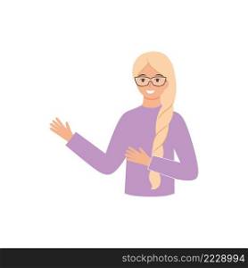 A young teacher with glasses explains a new topic. People with facial expressions and gestures. Vector flat female character