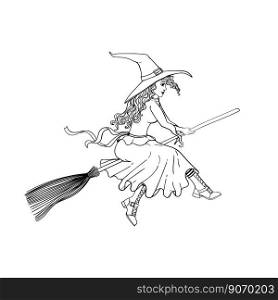A young witch flies on a broomstick linear drawing. A simple liner-drawn woman in a long skirt and hat sits on a broomstick.