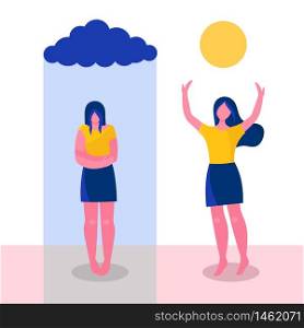 a young woman before and after psychotherapy.Psychological problems, sadness, apathy, negative emotions.Increase self-esteem, help from a psychologist.Flat vector illustration