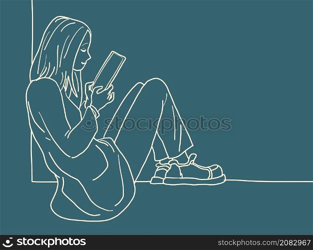 A young woman girl sits on the windowsill by the window and reads a smartphone. Comic Cartoon Kitsch Vintage Hand Drawing Illustration. A young woman girl sits on the windowsill by the window and reads a smartphone