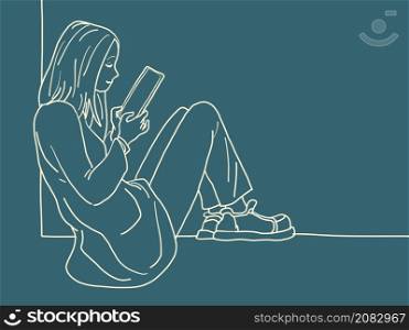 A young woman girl sits on the windowsill by the window and reads a smartphone. Comic Cartoon Kitsch Vintage Hand Drawing Illustration. A young woman girl sits on the windowsill by the window and reads a smartphone