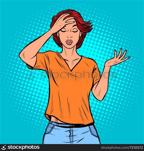 A young woman holds his hand to his head. Headache. Pop art retro vector illustration drawing vintage kitsch. A young woman holds his hand to his head. Headache