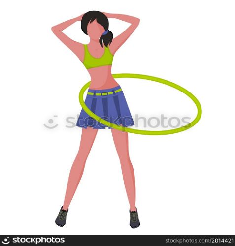 A young woman in a sports uniform does gymnastic exercises. Hula hoop. Healthy lifestyle. Vector illustration in a flat style.