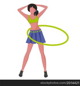 A young woman in a sports uniform does gymnastic exercises. Hula hoop. Healthy lifestyle. Vector illustration in a flat style.