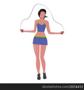 A young woman in a sports uniform does gymnastic exercises. Jumping rope. A healthy way of life. Vector illustration in a flat style.