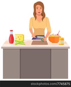 A young woman is cooking in the kitchen. The girl cuts the avocado. Morning routine concept. The cat looks at the person. Female character preparing healthy salad for breakfast vector illustration. A young woman is cooking in the kitchen. The girl cuts the avocado. Morning routine concept