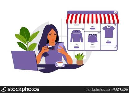 A young woman is shopping online using a laptop. Pay for purchases with a credit card over the Internet. The concept of online payments and electronic purchases, shopping. Vector illustration. Flat.