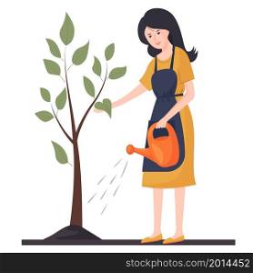 A young woman is watering a tree. Agricultural work. Gardening. Vector illustration in a flat style.