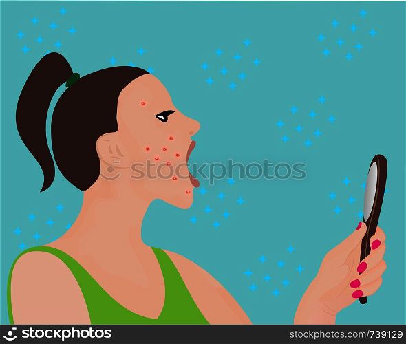 A young woman looking at a mirror and scared with acne on her face vector illustration