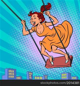 a young woman on a swing, laughing and having fun, flying over the city. Comic cartoon hand drawing retro illustration. a young woman on a swing, laughing and having fun, flying over the city