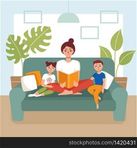 A young woman sits on a couch and reads a book to children. A concept of home activity with children, prevention of coronavirus, covid-19, a love of reading books. Flat vector cartoon illustration.