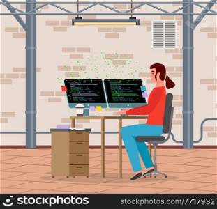 A young woman sitting at a table writing code on the computer. Programmer laptop screen with script. Female programmer working. Programming concept, web engineer at work. Web banner, infographics. A young woman sitting at a table writing code on the computer. Programmer laptop screen with script