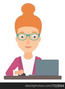 A young woman sitting at the table and working at the laptop vector flat design illustration isolated on white background. . Woman working at laptop.