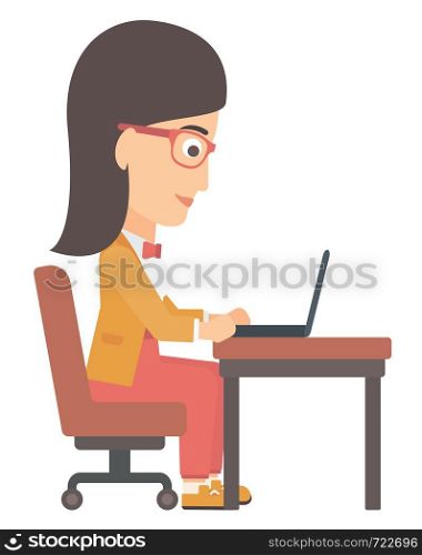 A young woman sitting at the table and working at the laptop vector flat design illustration isolated on white background. . Woman working at laptop.