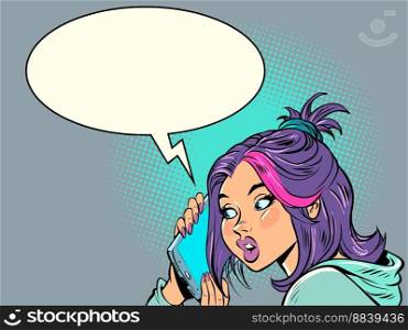 A young woman speaks on the phone. Smartphone in hand. Modern gadgets, mobile communication, internet. Comic cartoon style kitsch vintage hand drawn illustration. A young woman speaks on the phone. Smartphone in hand. Modern gadgets, mobile communication, internet