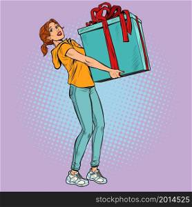A young woman with a large gift box. Christmas or birthday. Surprise. Pop art retro vector illustration 50s 60 vintage kitsch style. A young woman with a large gift box. Christmas or birthday. Surprise
