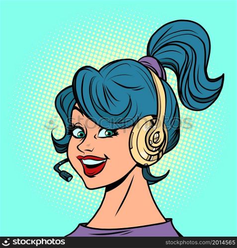 a young woman with headphones with a headset, a gamer streaming or an online support operator. Comic cartoon hand drawing retro vintage. a young woman with headphones with a headset, a gamer streaming or an online support operator