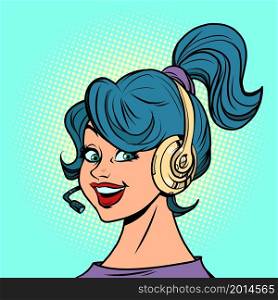 a young woman with headphones with a headset, a gamer streaming or an online support operator. Comic cartoon hand drawing retro vintage. a young woman with headphones with a headset, a gamer streaming or an online support operator