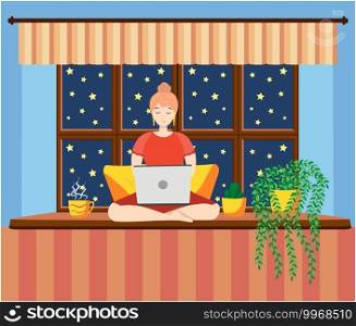 A young woman works or studies from home, sitting on the windowsill, in a cozy atmosphere, with tea and a cat. Covid-19 quarantine concept, work and study from home. Cartoon. A woman works at a laptop while sitting on the windowsill at home. Freelance concept, quarantine due to covid-19.